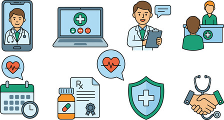Fototapeta premium Telemedicine and Healthcare Service Icon Set Featuring Online Doctor Consultation Medical Protection Prescription Scheduling and Patient Support Elements for Digital Health Applications