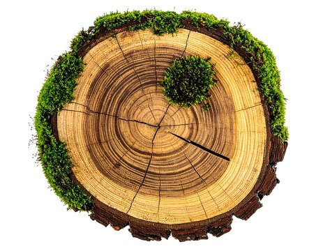 Close-up of a tree trunk slice showcasing growth rings, cracks, and patches of vibrant green moss around the edges