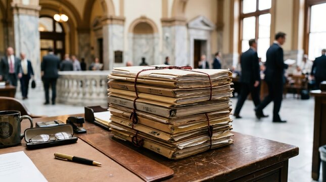 Stack of tied file folders resting on wooden desk in busy courthouse lobby with blurred professionals walking in background