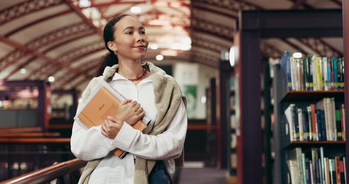 Education, woman or walking with books in library for thesis research, study information or learning. University student, person and search textbooks on campus for PHD citation sources and knowledge