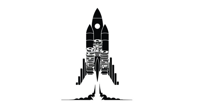 black and white illustration of rocket launching into space