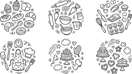 Obraz premium Bakery and Cooking Circular Doodle Design Templates with Baking Utensils, Pastry Ingredients, Chef Clothing, Sweet Cakes, and Fresh Bread Vector Graphics