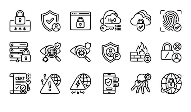 Web Security Outline Icon Set for Password Access Internet Protection and Cyber Safety Design