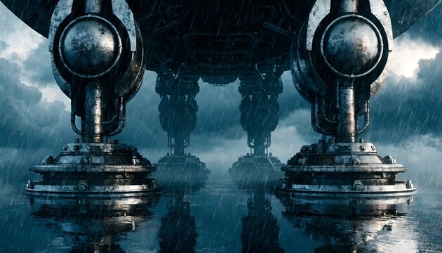 Giant alien mech descends through stormy, rainy skies onto wet, reflective surface