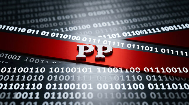 Binary code with red arrow and PP letters