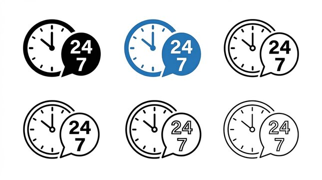 Set of 24 7 service icons with clock and chat bubble