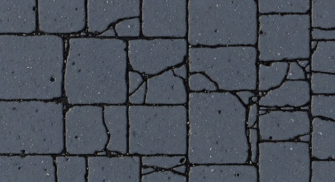 Cracked Dark Gray Stone Pavers Forming Geometric Pattern on Pavement Surface
