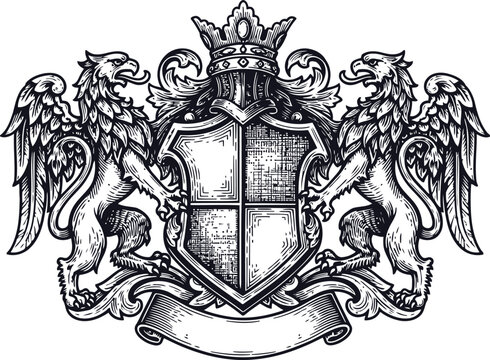 Ornate Heraldic Crest with Griffins Crown and Banner in Engraved Style