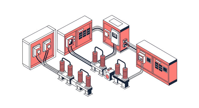 Isometric illustration of an electrical power distribution system with control panels and circuit breakers.