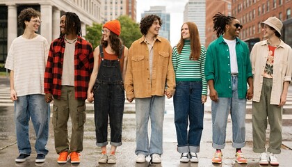 Fototapeta premium Diverse group of young friends holding hands on city street, casual fashion, urban lifestyle