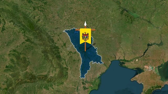 Moldovan territory highlighted on a satellite map with the national flag displayed prominently in motion