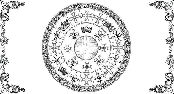 Ornate Medieval Heraldic Emblem with Fleur-de-lis and Crosses during a white background