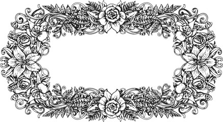Obraz premium Ornate oval floral border with roses and lilies in vintage black and white line art style