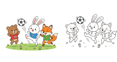 Naklejka premium Cute cartoon animals playing soccer coloring page. Bear, bunny, and fox kids football illustration. Color and black and white outline vector.