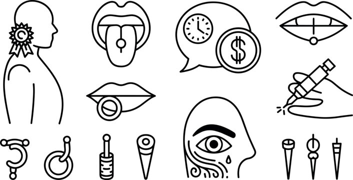 Body piercing tattooing and salon services line icon set with jewelry needles and piercing tools