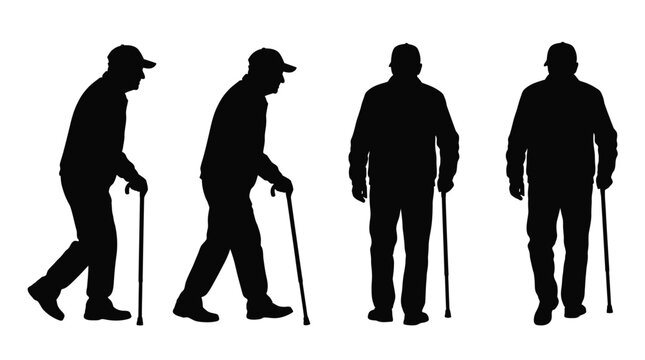 Black vector illustration showing silhouettes of an elderly man walking slowly with a wooden cane