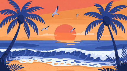 Obraz premium A serene beach scene at sunset with palm trees and waves crashing