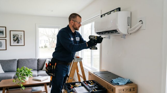 Technician installing wall mounted air conditioner unit inside residential living room near window ladder and tool box during maintenance service appointment