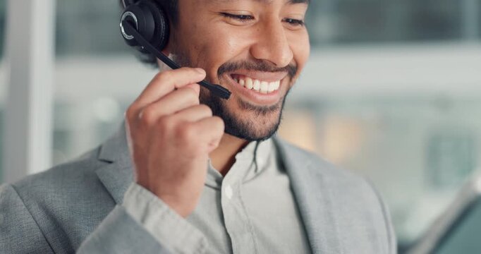Happy, telemarketer and man with headset, mouth and communication with contact for sales and service. Call center, agent and person with tablet for order process, lead generation and telemarketing