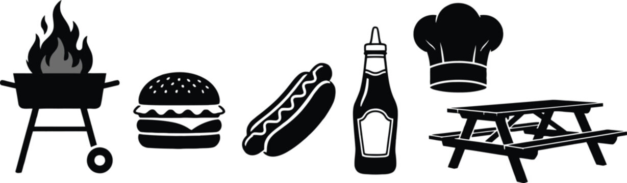 BBQ Grill Vector Icon Set with Burger, Hot Dog, Chef Hat, and Picnic Table