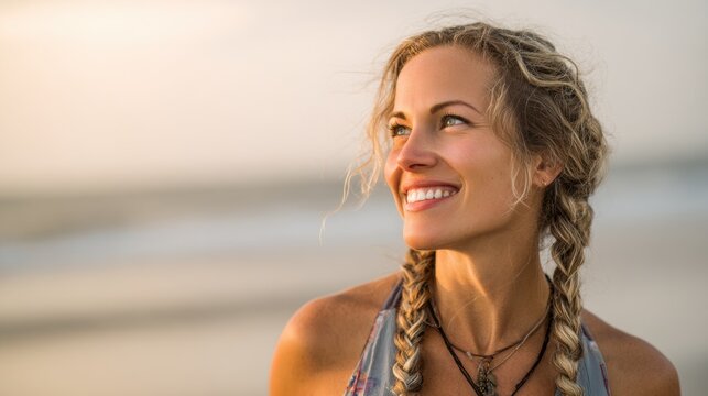 Woman with braided hair smiling outdoors enjoying sunny day at beach