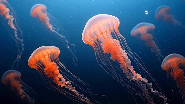 Orange jellyfish floating in deep blue water