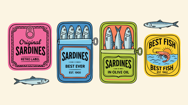 Vintage Retro Sardine Can Label and Open Tin Vector Set &ndash; Hand Drawn Seafood Packaging Illustration Collection