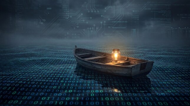 Wooden boat with lightbulb on binary code sea innovation data concept