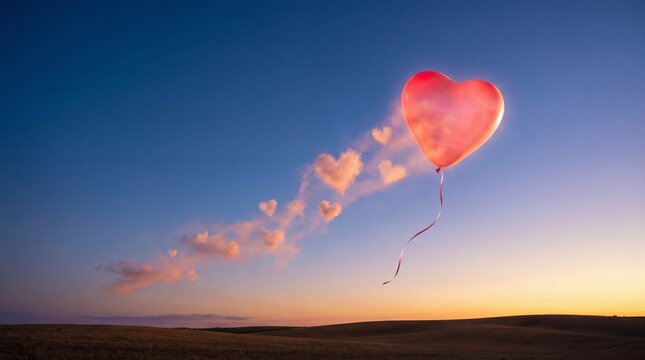 Red heart balloon with heart cloud trail love release concept
