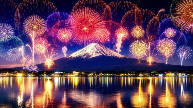 富士山の上空に炸裂する複数のカラフルな打ち上げ花火の3DCGアニメーション  花火大会、年賀状素材