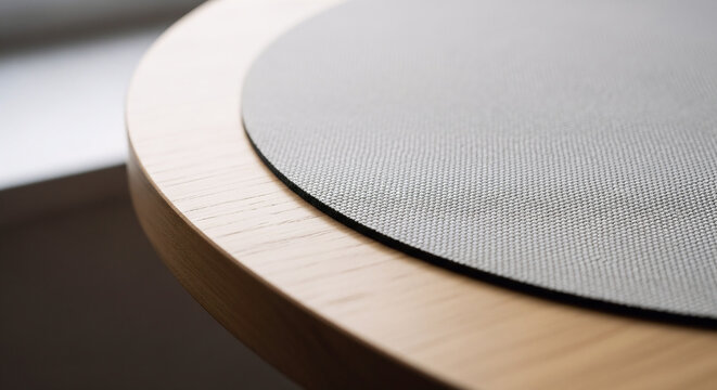 A high quality close-up view of a sleek grey circle mouse pad resting on a minimalist light wood table surface, perfect for modern office workspace decor.