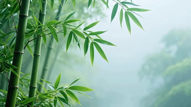 Misty bamboo forest with green leaves