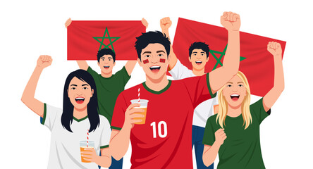 Vector illustration of enthusiastic Morocco football fans cheering with flags and team-inspired jerseys. Ideal for sports event promotions, fan culture content, football campaigns, and supporters. © Meico Studio