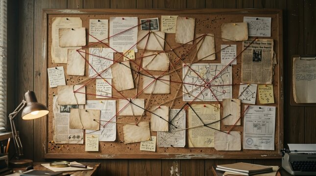 Cork evidence board connected with red string mapping clues and photos in cluttered investigation room setting
