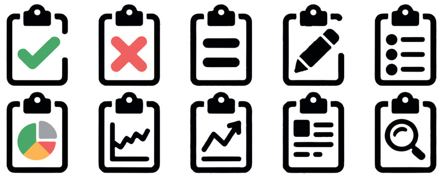 Clipboard checkmark icons vector. document editing and business data analysis icon set for ui ux.