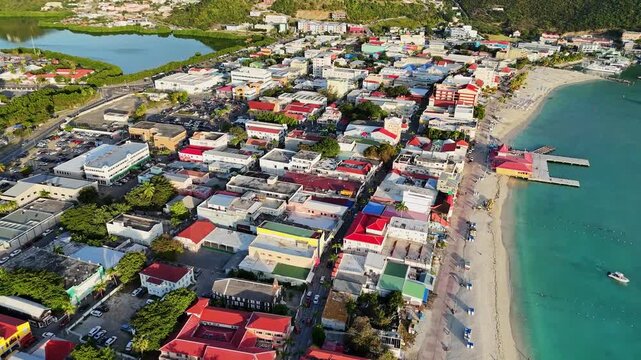 Aerial view of Philipsburg in Sint Maarten, Aerial Drone Footage of St. Maarten (SXM): Stunning Caribbean Views from Above