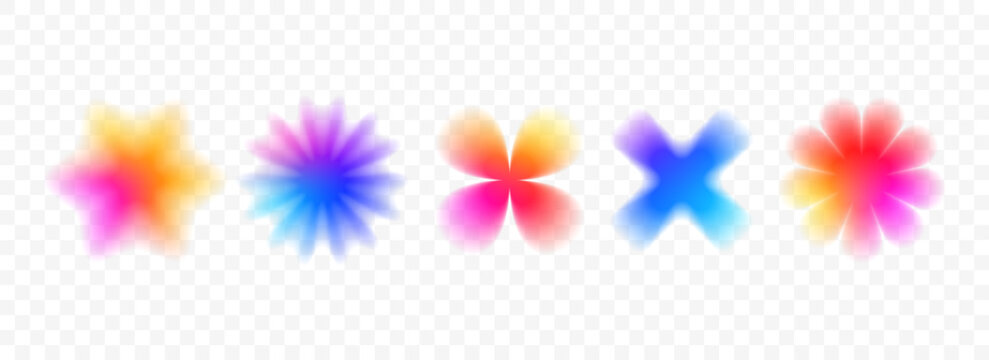 Colorful blurred gradient flower set. Bright blurry aura shape collection. Fading trend Y2k elements for poster, template, badge, sticker, collage, logo. Vector iridescent smooth flowers and stars