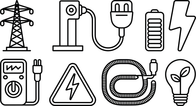 Electric power and green energy line icon set with tower charging station and battery