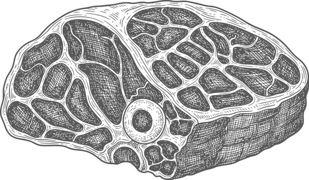 Raw beef steak cross section with bone in a detailed engraving style for culinary use