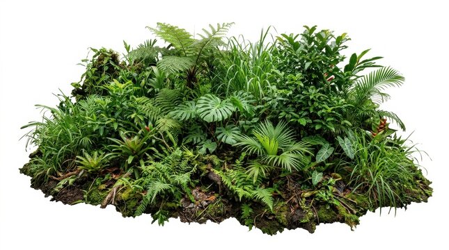 Tropical green plants and ferns on white background, lush jungle foliage arrangement, exotic garden shrubbery isolated for architectural rendering