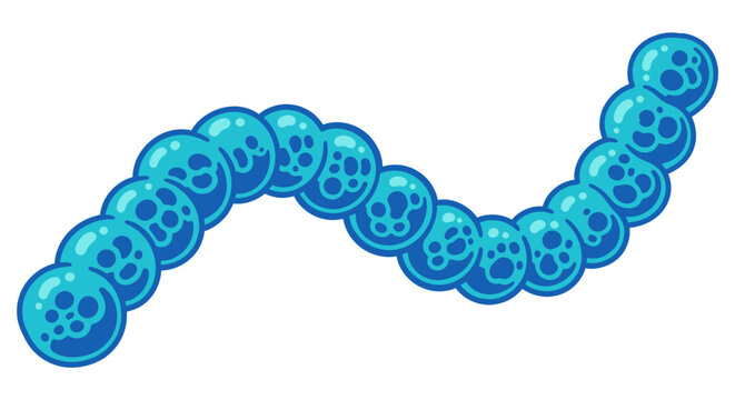 A wavy chain of interconnected blue spherical cells or bubbles, resembling a microscopic organism or bacterial colony.