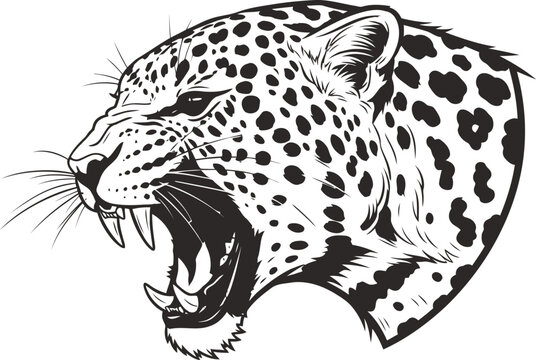 Roaring Leopard Head with Bared Teeth during Aggressive Display in Monochrome Vector Style