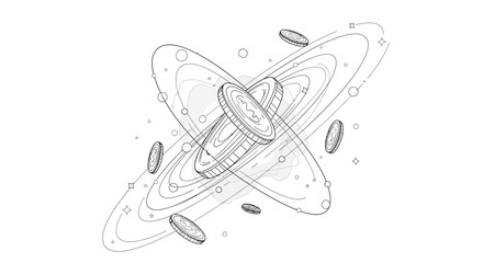 Abstract Cryptocurrency Orbiting Galaxy with Floating Digital Coins © Padel