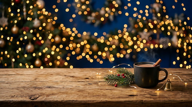 Hot drink on wooden table with Christmas decorations