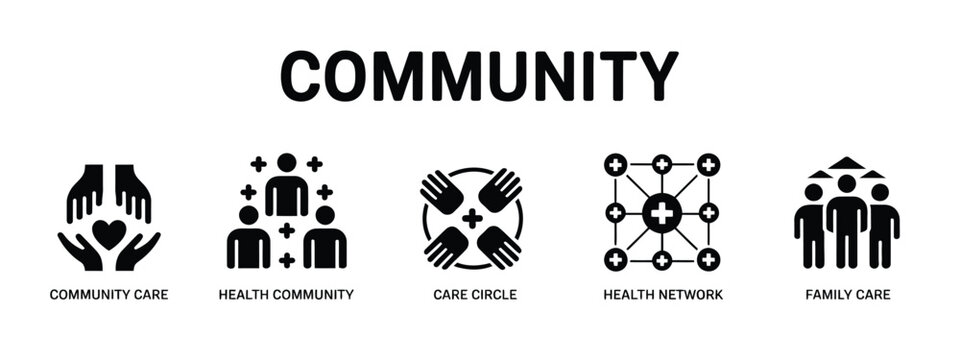 Community icon collection design, modern teamwork and social network symbol set with people connection, game community and digital communication vector illustration style.