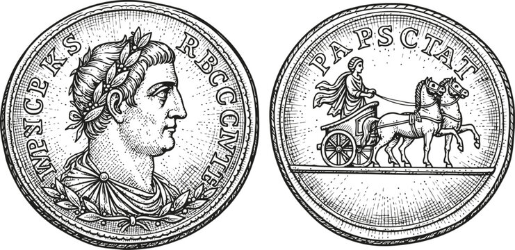 Roman coin with emperor portrait and chariot engraving for historical illustration