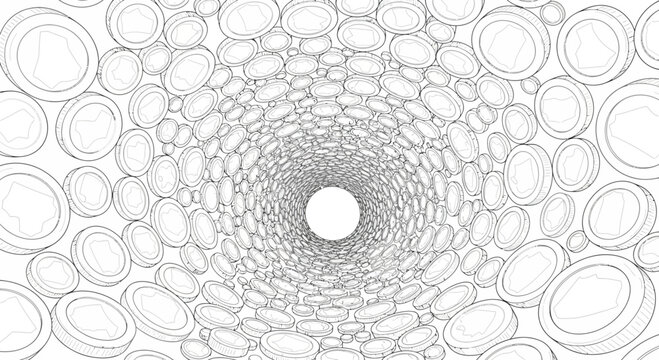 Abstract Tunnel of Circles, Optical Illusion, Infinite Loop, White Background, Wireframe