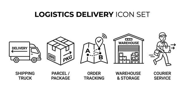 Logistics delivery icons show a shipping truck, parcel package, order tracking map, warehouse storage, and a running courier service worker.