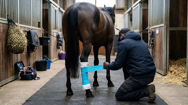 Man wrapping horse leg in stable
