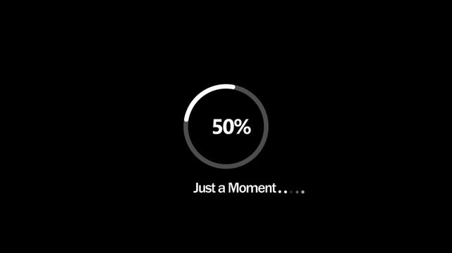 Minimal circle loader animation on dark background with &ldquo;just a moment&rdquo; and rotating progress indicator for digital waiting screen. 4K Motion Graphics Video